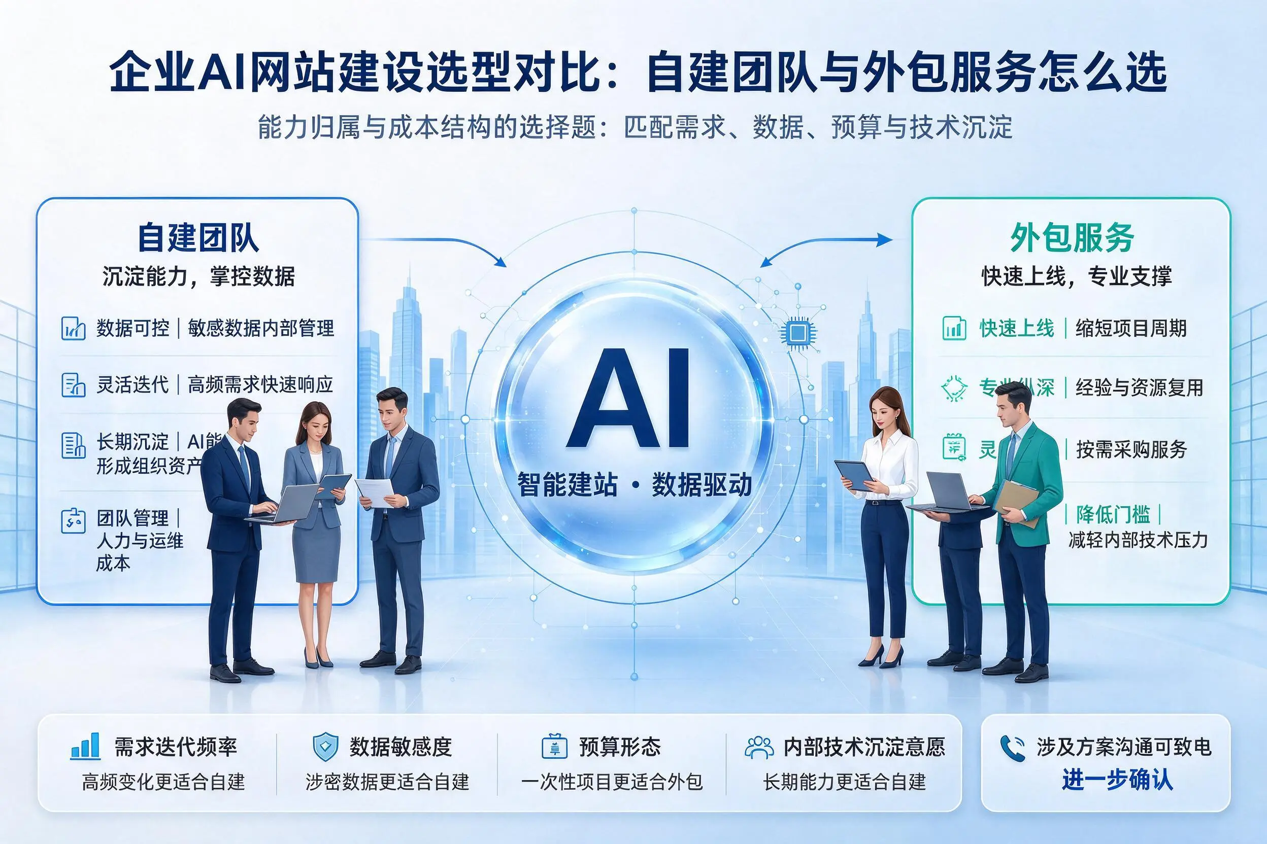 商丘企业AI网站建设选型对比：自建团队与外包服务怎么选